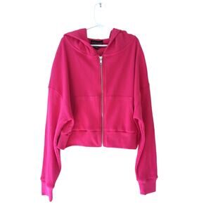 NWT With Love Jules Girl's Bright Pink Waffle Knit Zip-up Hooded Jacket Pink L